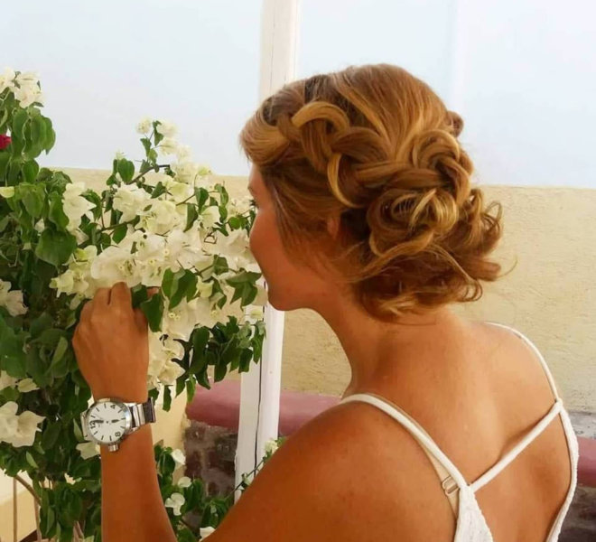 Santorini Wedding Hairstyle by Sofie's Choice Hair Salon in Oia, Santorini